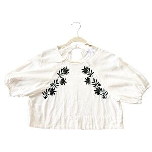 House of Harlow Embroidered White Linen Top with Puff Sleeves